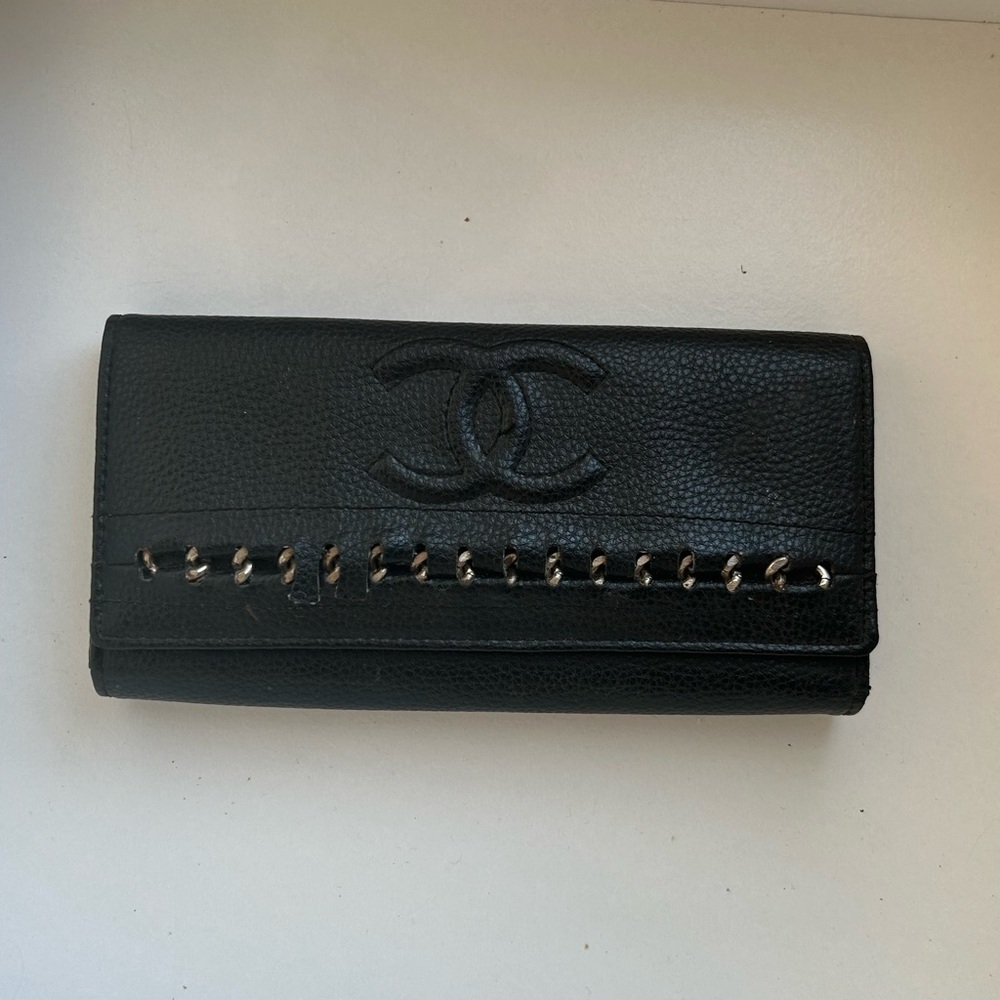 Vintage Chanel CC Logo Black Caviar Leather Wallet Designer Authentic Trifold - Picture 5 of 14